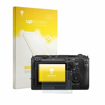 Parte frontale di una confezione del prodotto con il logo del marchio upscreen. Accanto è raffigurato il dispositivo Canon EOS
