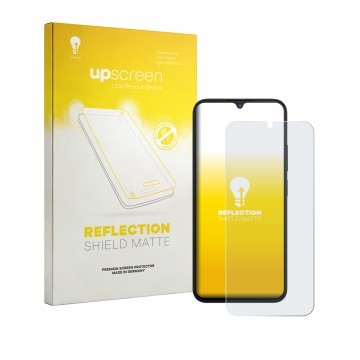 Parte frontal de un envase de producto con el logotipo de la marca upscreen. Al lado se muestra el dispositivo Xiaomi Redmi A7