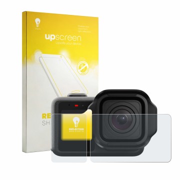 Parte frontale di una confezione del prodotto con il logo del marchio upscreen. Accanto è raffigurato il dispositivo GoPro Mis