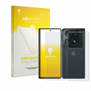 Parte frontale di una confezione del prodotto con il logo del marchio upscreen. Accanto è raffigurato il dispositivo Motorola 