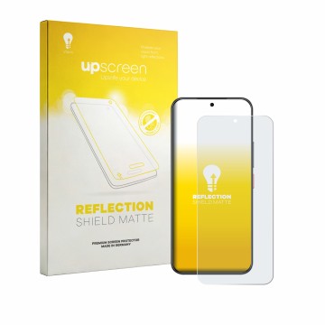 Parte frontal de un envase de producto con el logotipo de la marca upscreen. Al lado se muestra el dispositivo Nubia Air Pro c