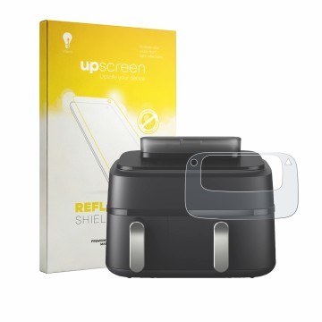 Parte frontal de un envase de producto con el logotipo de la marca upscreen. Al lado se muestra el dispositivo Philips Airfrye