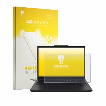 Parte frontale di una confezione del prodotto con il logo del marchio upscreen. Accanto è raffigurato il dispositivo Lenovo Th