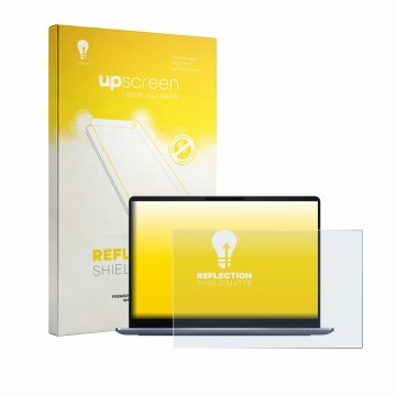 Parte frontal de un envase de producto con el logotipo de la marca upscreen. Al lado se muestra el dispositivo Dell 14S DS1426
