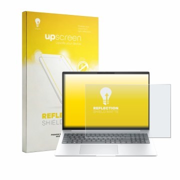 Parte frontal de un envase de producto con el logotipo de la marca upscreen. Al lado se muestra el dispositivo HP EliteBook 8 