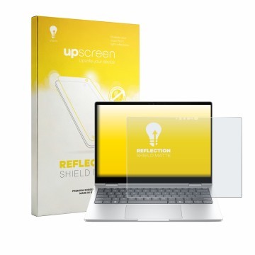 Parte frontal de un envase de producto con el logotipo de la marca upscreen. Al lado se muestra el dispositivo HP EliteBook 8 