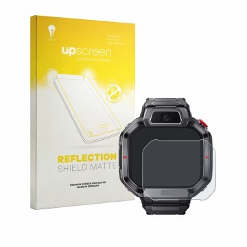Face avant d’un emballage produit avec le logo de la marque upscreen. À côté, l’appareil Huawei Watch Kids X1 Pro est représen