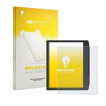 Parte frontal de un envase de producto con el logotipo de la marca upscreen. Al lado se muestra el dispositivo PocketBook Era 