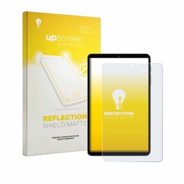 Parte frontal de un envase de producto con el logotipo de la marca upscreen. Al lado se muestra el dispositivo Alldocube iPlay