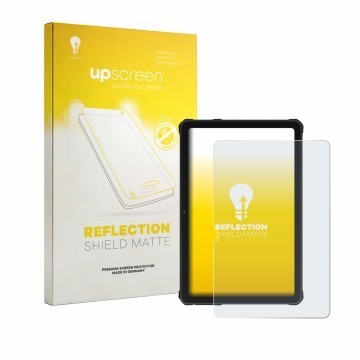 Parte frontal de un envase de producto con el logotipo de la marca upscreen. Al lado se muestra el dispositivo Oukitel RT10 co