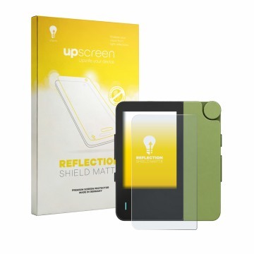 Parte frontal de un envase de producto con el logotipo de la marca upscreen. Al lado se muestra el dispositivo Hiby W4 con su 