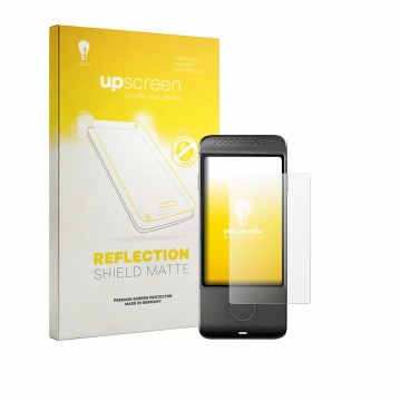 Parte frontal de un envase de producto con el logotipo de la marca upscreen. Al lado se muestra el dispositivo Vasco Translato