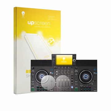 Parte frontale di una confezione del prodotto con il logo del marchio upscreen. Accanto è raffigurato il dispositivo Denon DJ 