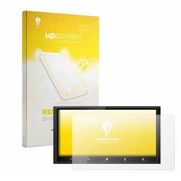 Parte frontal de un envase de producto con el logotipo de la marca upscreen. Al lado se muestra el dispositivo Kenwood DMX7525