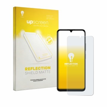 Parte frontal de un envase de producto con el logotipo de la marca upscreen. Al lado se muestra el dispositivo Lava Bold N2 co