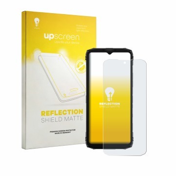 Vorderseite einer Produktverpackung mit dem Markenlogo upscreen. Daneben ist das Gerät Doogee Blade 10 Energy mit dem zugehöri