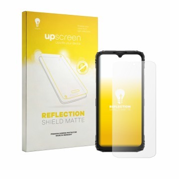 Parte frontal de un envase de producto con el logotipo de la marca upscreen. Al lado se muestra el dispositivo Doogee Blade 10