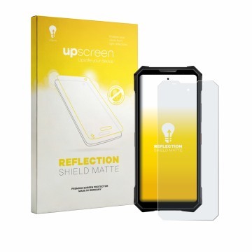 Vorderseite einer Produktverpackung mit dem Markenlogo upscreen. Daneben ist das Gerät Doogee V50 Pro mit dem zugehörigen Disp