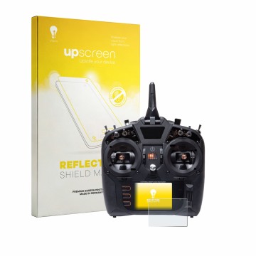 Parte frontal de un envase de producto con el logotipo de la marca upscreen. Al lado se muestra el dispositivo Spektrum NX10 P