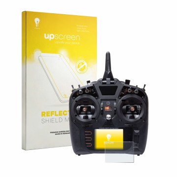 Parte frontal de un envase de producto con el logotipo de la marca upscreen. Al lado se muestra el dispositivo Spektrum NX8 Pl