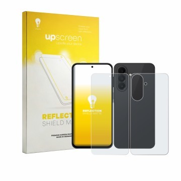Vorderseite einer Produktverpackung mit dem Markenlogo upscreen. Daneben ist das Gerät Samsung Galaxy A27 5G (Display+Rückseit