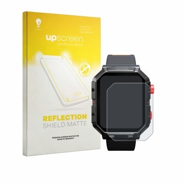 Parte frontal de un envase de producto con el logotipo de la marca upscreen. Al lado se muestra el dispositivo My Play Watch A