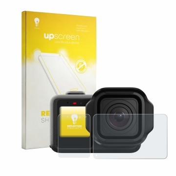 Vorderseite einer Produktverpackung mit dem Markenlogo upscreen. Daneben ist das Gerät GoPro Mission 1 Pro mit dem zugehörigen