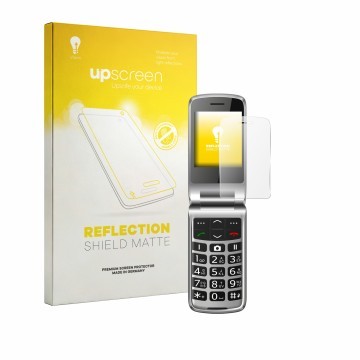 Vorderseite einer Produktverpackung mit dem Markenlogo upscreen. Daneben ist das Gerät bea-fon SL645 mit dem zugehörigen Displ