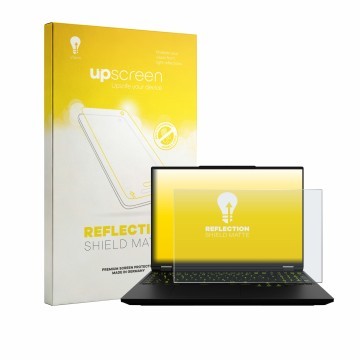 Parte frontal de un envase de producto con el logotipo de la marca upscreen. Al lado se muestra el dispositivo XMG Neo 16 con 