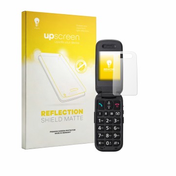Vorderseite einer Produktverpackung mit dem Markenlogo upscreen. Daneben ist das Gerät Panasonic KX-TU446 mit dem zugehörigen 