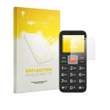 Vorderseite einer Produktverpackung mit dem Markenlogo upscreen. Daneben ist das Gerät Easyfone Prime A5 mit dem zugehörigen D