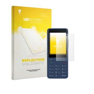 Parte frontal de un envase de producto con el logotipo de la marca upscreen. Al lado se muestra el dispositivo TCL OneTouch 40