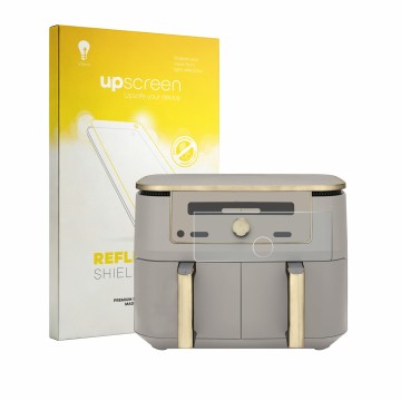 Parte frontal de un envase de producto con el logotipo de la marca upscreen. Al lado se muestra el dispositivo Ninja Max 6-in-