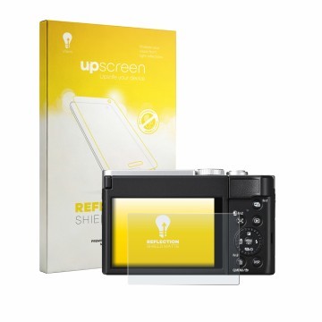 Face avant d’un emballage produit avec le logo de la marque upscreen. À côté, l’appareil Panasonic Lumix DC-TZ99E-S est représ
