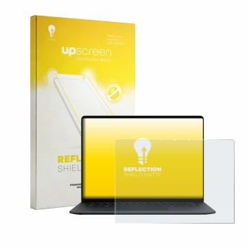 Vorderseite einer Produktverpackung mit dem Markenlogo upscreen. Daneben ist das Gerät Microsoft Surface Laptop 15