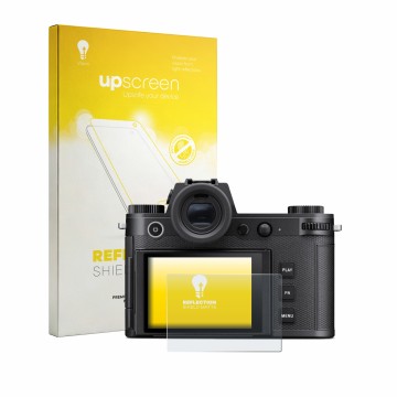 Front side of a product packaging with the brand logo upscreen. Next to it is the device Leica SL3-P shown with the correspond