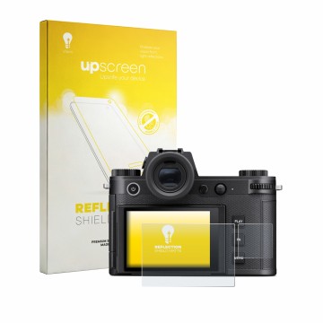 Parte frontale di una confezione del prodotto con il logo del marchio upscreen. Accanto è raffigurato il dispositivo Leica SL3