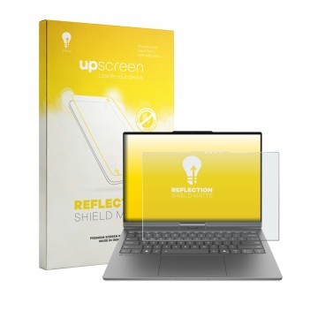 Parte frontal de un envase de producto con el logotipo de la marca upscreen. Al lado se muestra el dispositivo Lenovo ThinkBoo