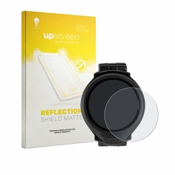 Parte frontal de un envase de producto con el logotipo de la marca upscreen. Al lado se muestra el dispositivo Mares Puck Lite