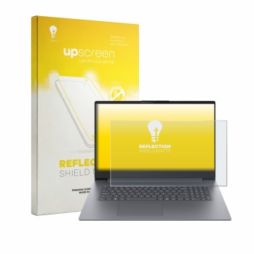 Parte frontal de un envase de producto con el logotipo de la marca upscreen. Al lado se muestra el dispositivo Lenovo IdeaPad 