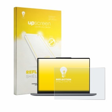 Parte frontal de un envase de producto con el logotipo de la marca upscreen. Al lado se muestra el dispositivo Lenovo Yoga Pro