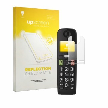 Face avant d’un emballage produit avec le logo de la marque upscreen. À côté, l’appareil Panasonic KX-TGU130 est représenté av