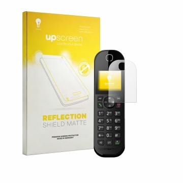 Face avant d’un emballage produit avec le logo de la marque upscreen. À côté, l’appareil Panasonic KX-TGC420 est représenté av