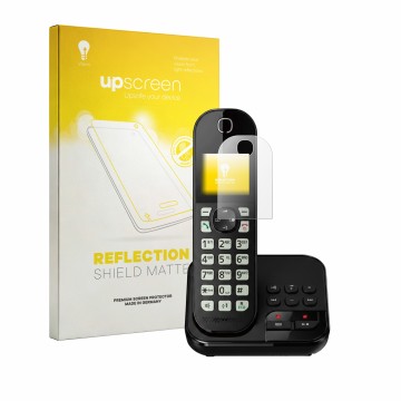 Face avant d’un emballage produit avec le logo de la marque upscreen. À côté, l’appareil Panasonic KX-TGC460 est représenté av