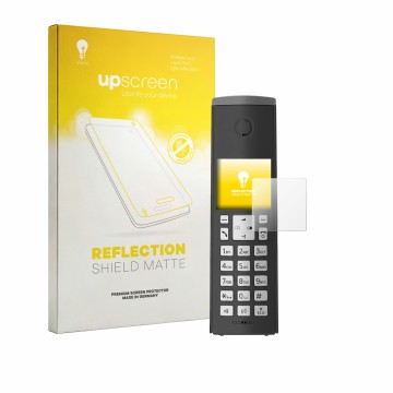 Face avant d’un emballage produit avec le logo de la marque upscreen. À côté, l’appareil Panasonic KX-TGK220 est représenté av