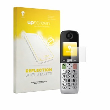 Face avant d’un emballage produit avec le logo de la marque upscreen. À côté, l’appareil Panasonic KX-TGU432 est représenté av