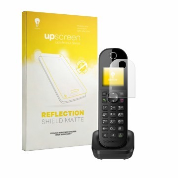 Face avant d’un emballage produit avec le logo de la marque upscreen. À côté, l’appareil Panasonic KX-TGC463 est représenté av