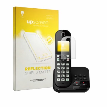 Face avant d’un emballage produit avec le logo de la marque upscreen. À côté, l’appareil Panasonic KX-TGC422 est représenté av