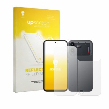 Vorderseite einer Produktverpackung mit dem Markenlogo upscreen. Daneben ist das Gerät Nothing Phone (4b) (Display+Rückseite) 