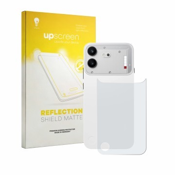 Parte frontal de un envase de producto con el logotipo de la marca upscreen. Al lado se muestra el dispositivo Nothing Phone (